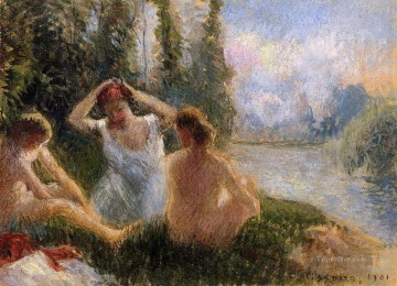 カミーユ・ピサロ Painting - 川のほとりに座る海水浴客 1901年 カミーユ・ピサロ